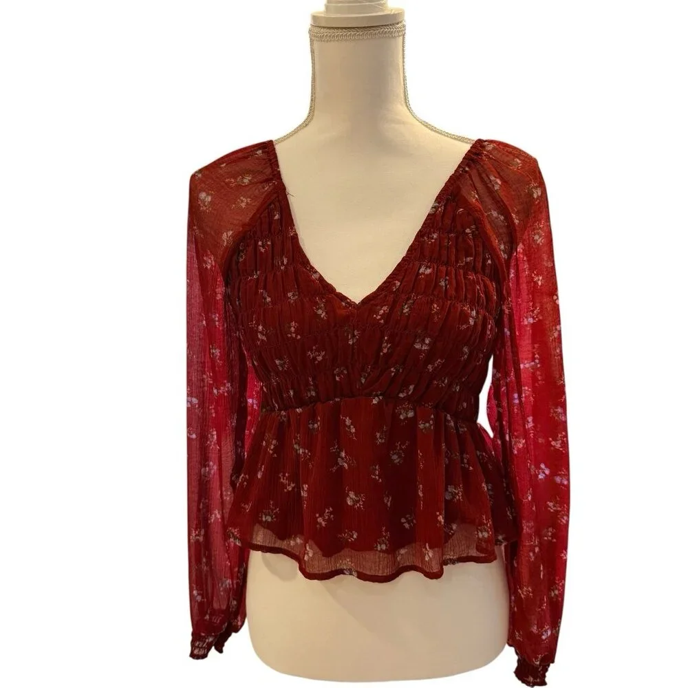 American Eagle Puff Sleeve Top Blouse Floral Ditsy Baby Doll Boho Smocked Size S - Picture 2 of 9